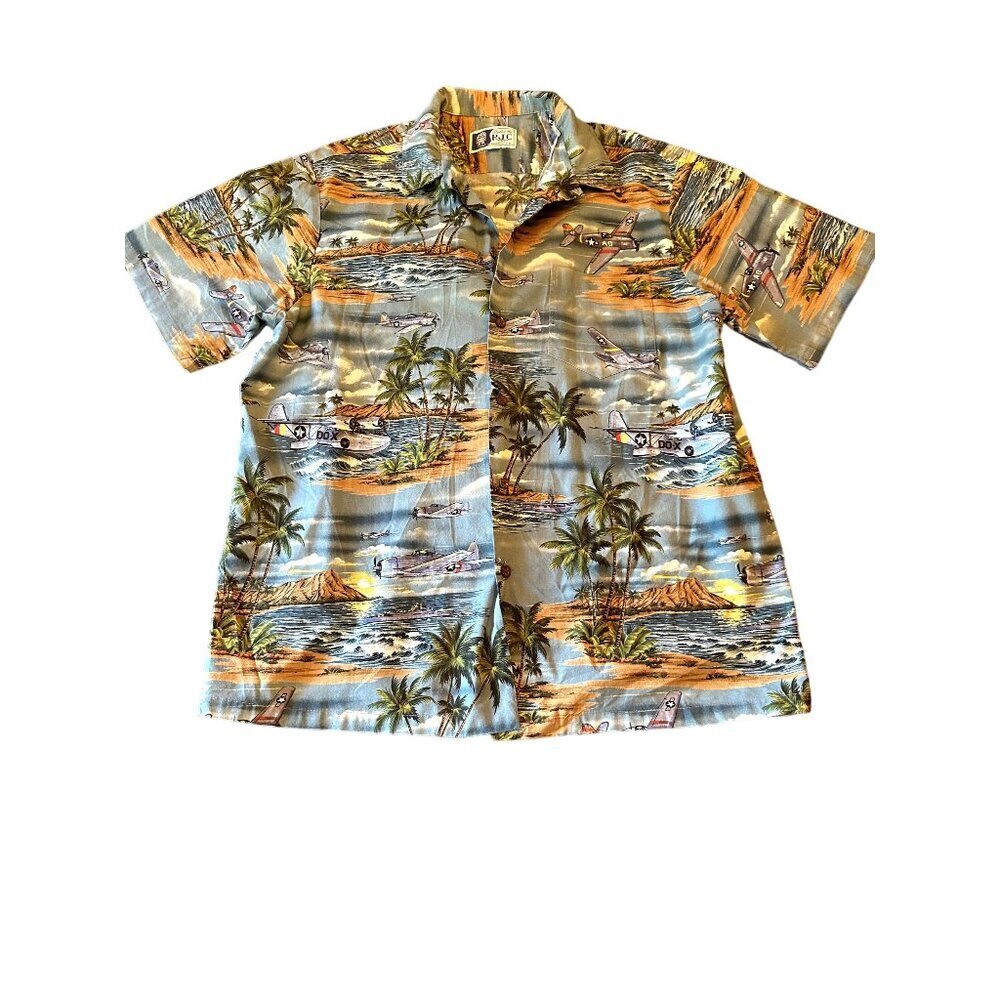 RJC Hawaiian Shirt Blue Seaplane Vintage Aviation Tropical‎ Cotton Aloha XL